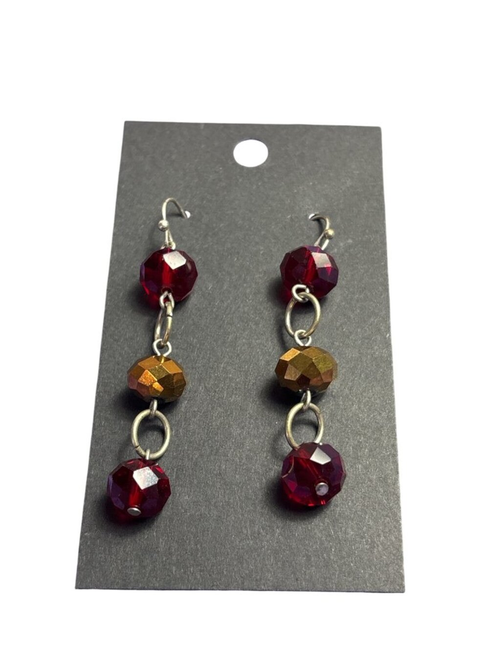 Glass Beaded Silvertone Chain Dangle Earrings Red Brown Faceted 1.75 inches
